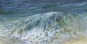 Acrylic painting of a wave breaking upon the beach.