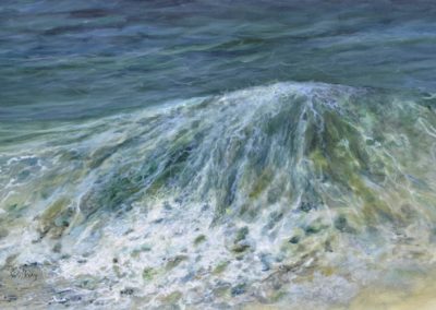 Acrylic painting of a wave breaking upon the beach.