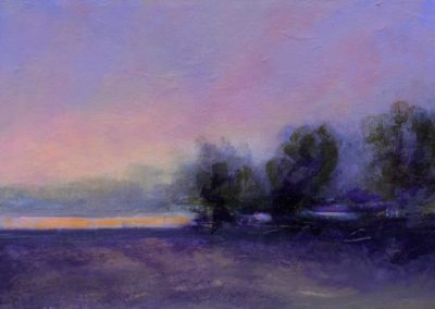 Morning Blush: Acrylic Painting depicting an early morning scene of treeline by a lake.