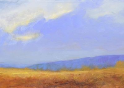 Acrylic Landscape Painting in blue and gold featuring distant hills and fields, 12 x 36, $400 Available at Ganaraska Art and Framing